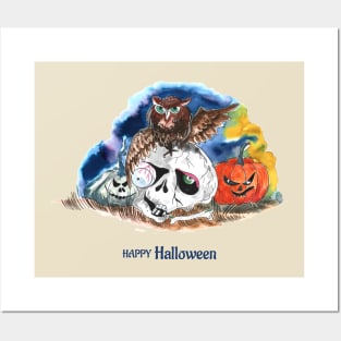 Happy Halloween Owl Skull Posters and Art